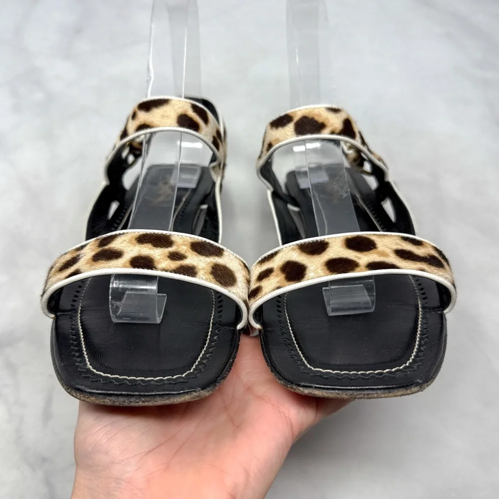 YSL Yves Saint Laurent Vintage Y2K Leopard Calf Hair Leather Flat Sandals Black
